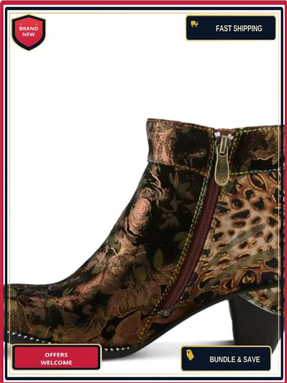 Faux Suede Ankle Booties Floral Velvet Block Heel Side Zip